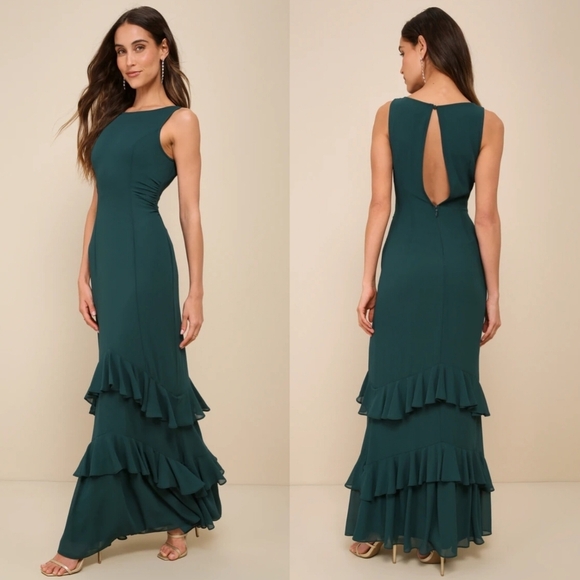 Lulus Lovely Arrival Emerald Green Chiffon Ruffled Tiered Maxi Dress M Wedding - Picture 1 of 10